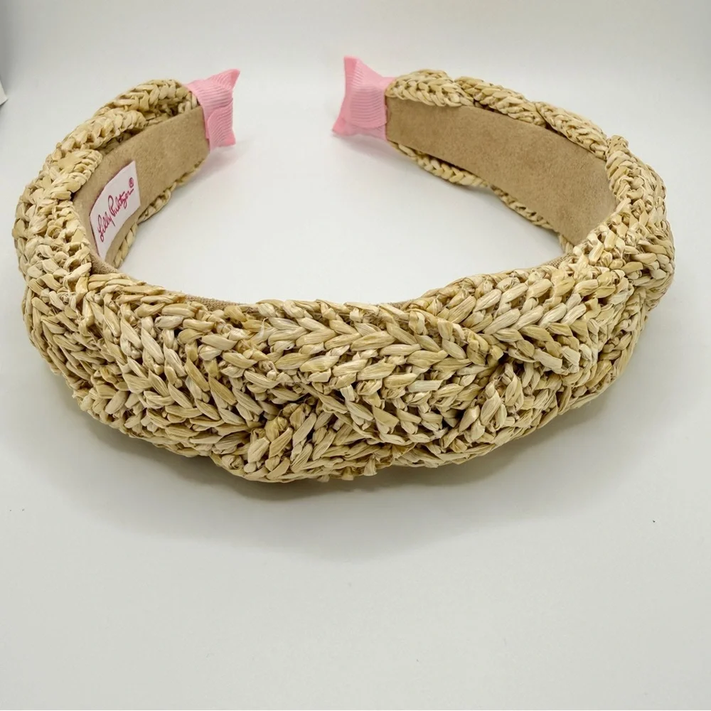 Lilly Pulitzer Braided Natural Raffia Headband with Pink Tips NEW
